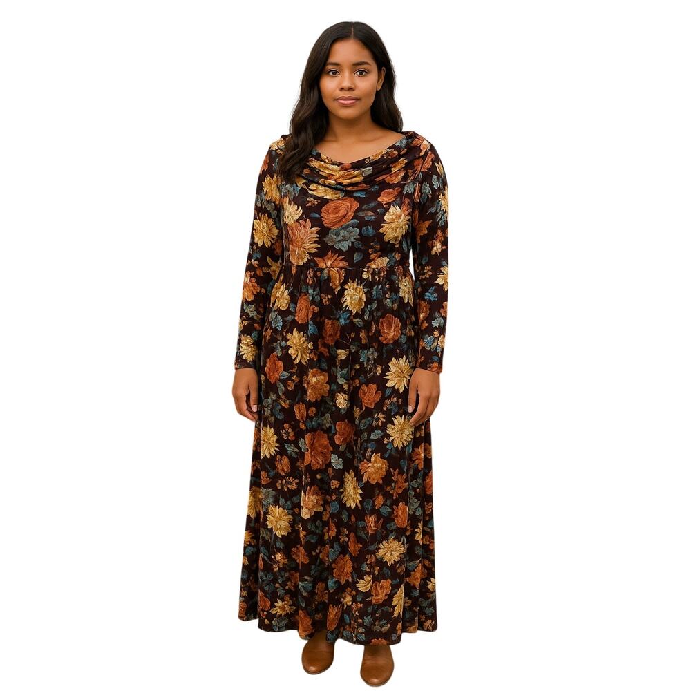 Floral Cowl Neck Maxi Dress Long Sleeve Boho Fall Colors Size Large